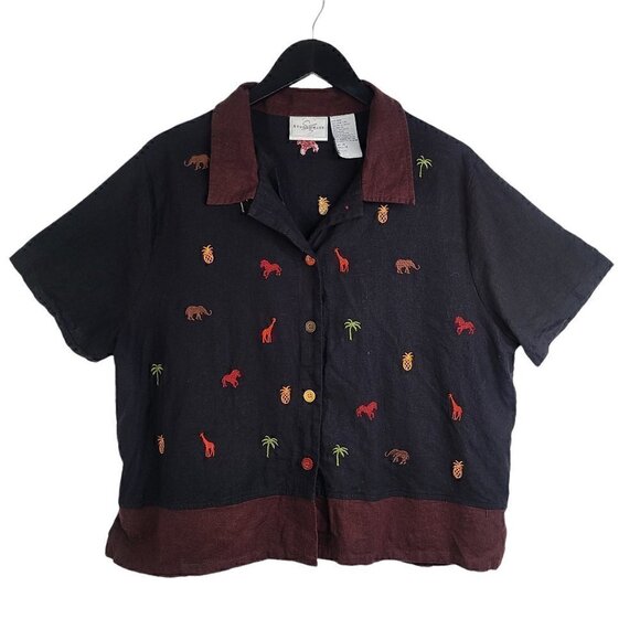 VTG Studio Ease Linen Black Safari Elephant Zebra Giraffe Y2K Button Down Shirt - Picture 1 of 7